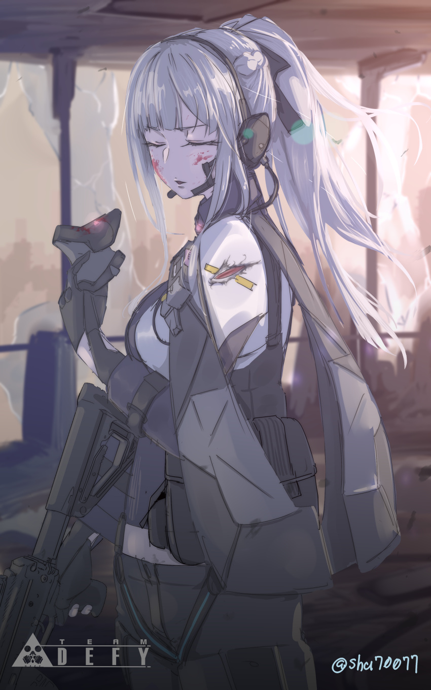 1girl absurdres ak-12_(girls'_frontline) assault_rifle black_gloves black_pants blood blood_on_face braid broken_glass closed_eyes french_braid girls'_frontline glass gloves gun headset high_ponytail highres long_hair midriff pants partially_fingerless_gloves rifle shu70077 silver_hair tactical_clothes weapon window
