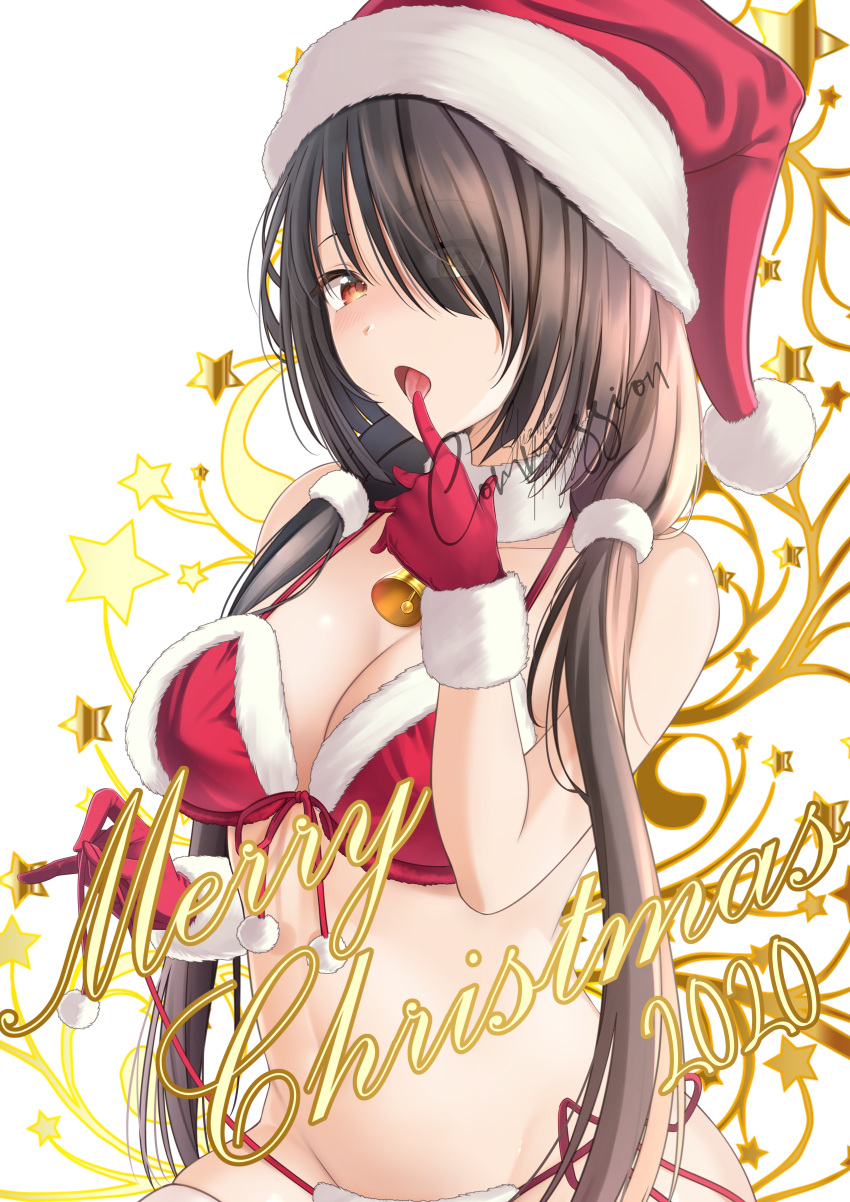 1girl 2020 absurdres bangs bell bikini black_hair blush breasts christmas cleavage clock_eyes commentary commission date_a_live detached_collar eyes_visible_through_hair finger_to_mouth fur-trimmed_gloves fur_collar fur_trim gloves hair_over_one_eye hat heterochromia highres holding holding_clothes holding_swimsuit index_finger_raised jingle_bell long_hair looking_at_viewer low_twintails medium_breasts merry_christmas mixed-language_commentary neck_bell open_mouth red_eyes red_gloves santa_bikini santa_gloves santa_hat shizuko_hideyoshi side-tie_bikini star_(symbol) stomach string_bikini swimsuit symbol-shaped_pupils tokisaki_kurumi twintails untied untied_bikini upper_body yellow_eyes