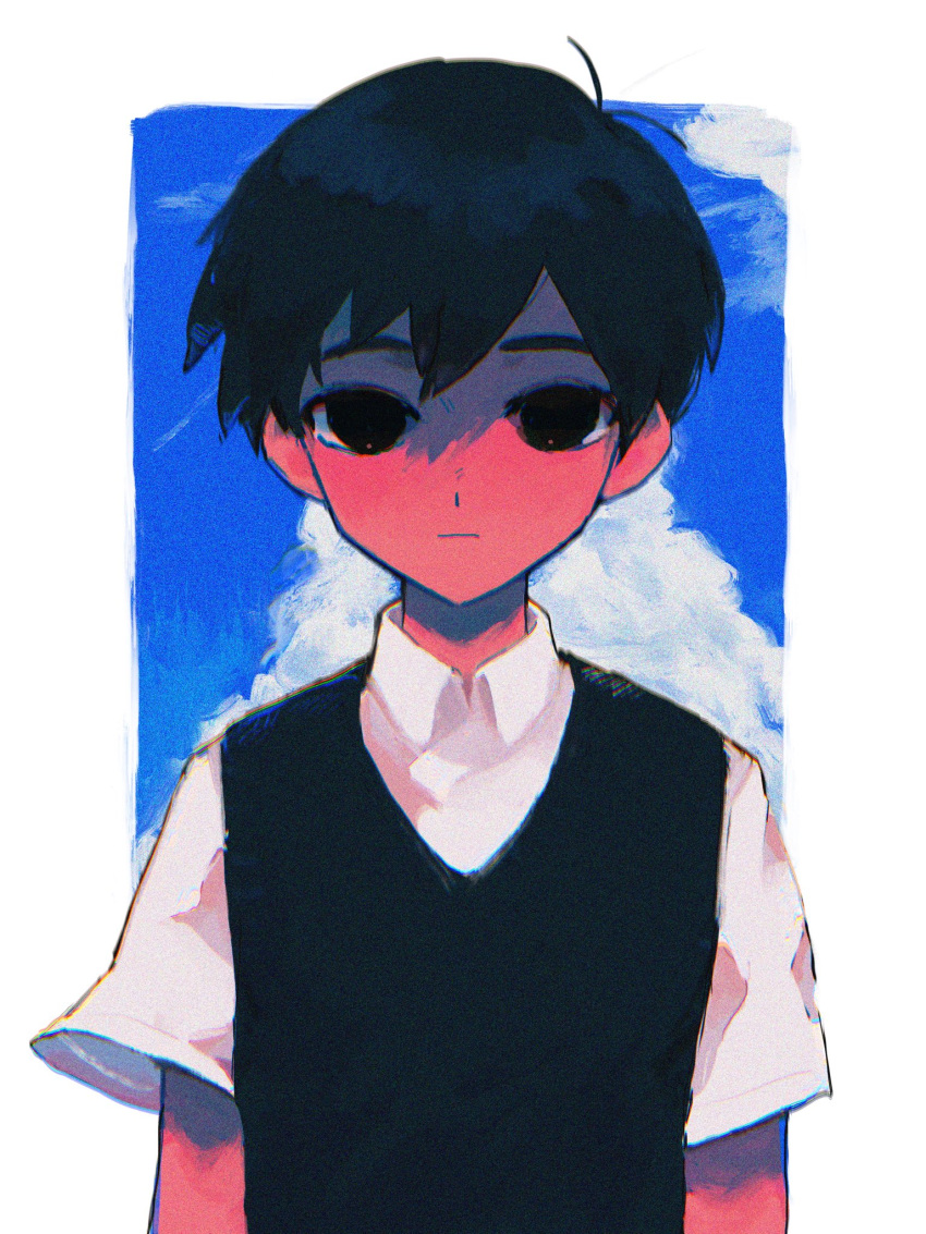 1boy bangs black_eyes black_hair black_sweater_vest cloud cloudy_sky collared_shirt commentary expressionless highres hinshi_hp0 looking_at_viewer male_focus no_pupils omori shirt short_hair sky solo sunny_(omori) sweater_vest symbol-only_commentary upper_body white_background white_shirt