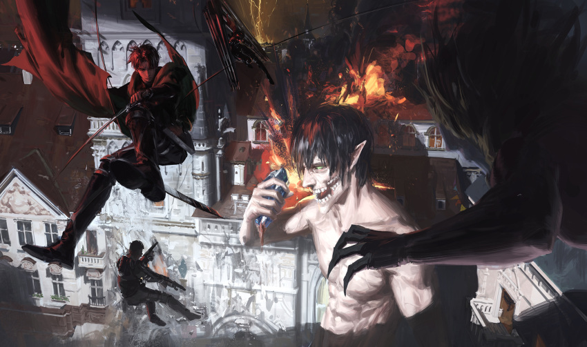 1girl 4boys battle blonde_hair building capelet character_request claws damaged debris envie_p1 eren_yeager explosion fire full_body highres holding house jaw_titan levi_(shingeki_no_kyojin) lightning mikasa_ackerman multiple_boys painterly paradis_military_uniform shingeki_no_kyojin smoke three-dimensional_maneuver_gear titan_(shingeki_no_kyojin)