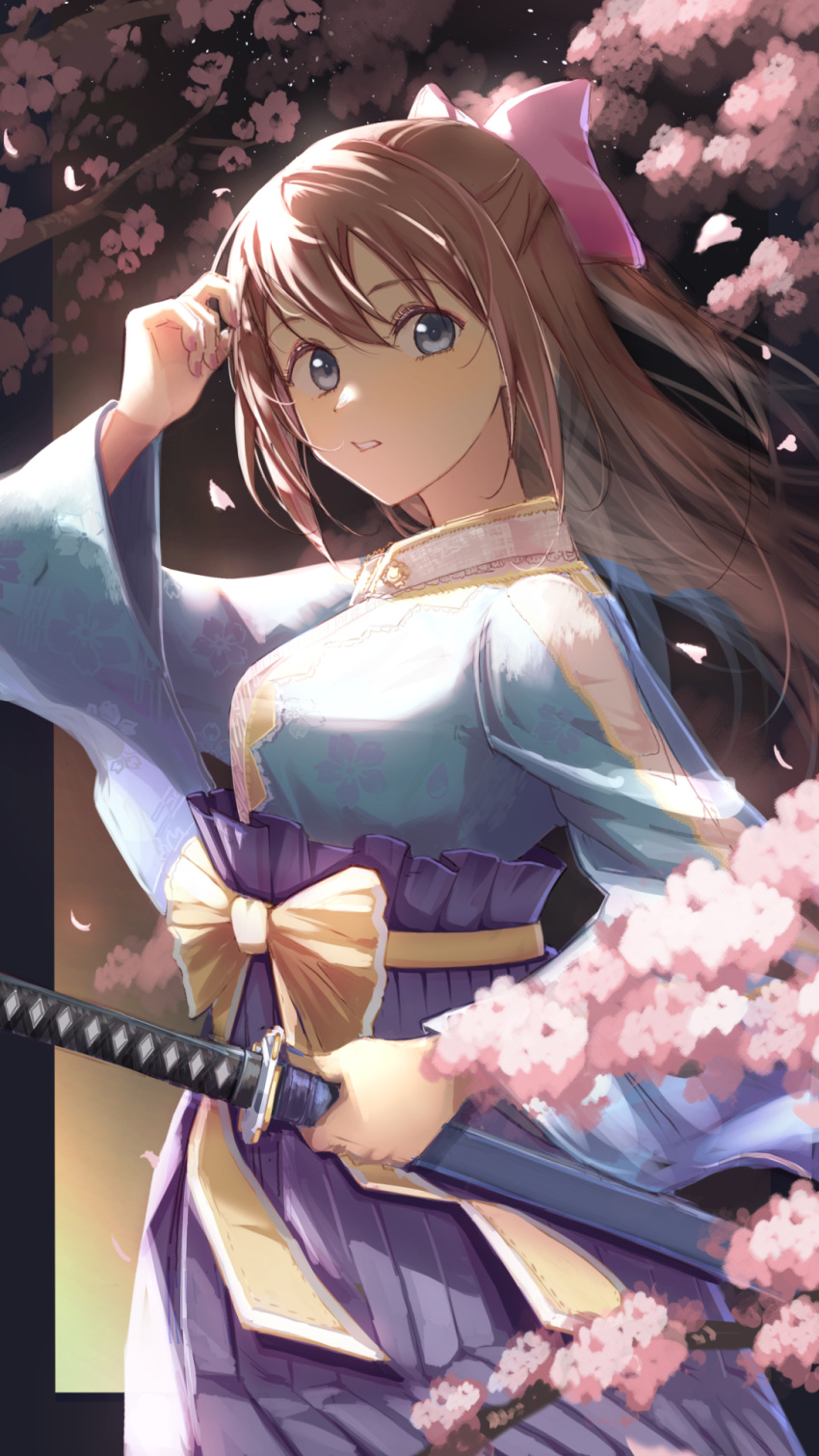 1girl arm_up bangs blue_kimono bow branch breasts brown_hair commentary_request eyebrows_visible_through_hair flower grey_eyes hair_between_eyes hair_bow hakama hakama_skirt highres holding holding_sheath japanese_clothes katana kimono long_hair looking_at_viewer love_live! love_live!_nijigasaki_high_school_idol_club medium_breasts otsumami_(otsu-mugi) ousaka_shizuku parted_lips petals pink_bow pink_flower purple_hakama sheath sheathed skirt solo sword weapon