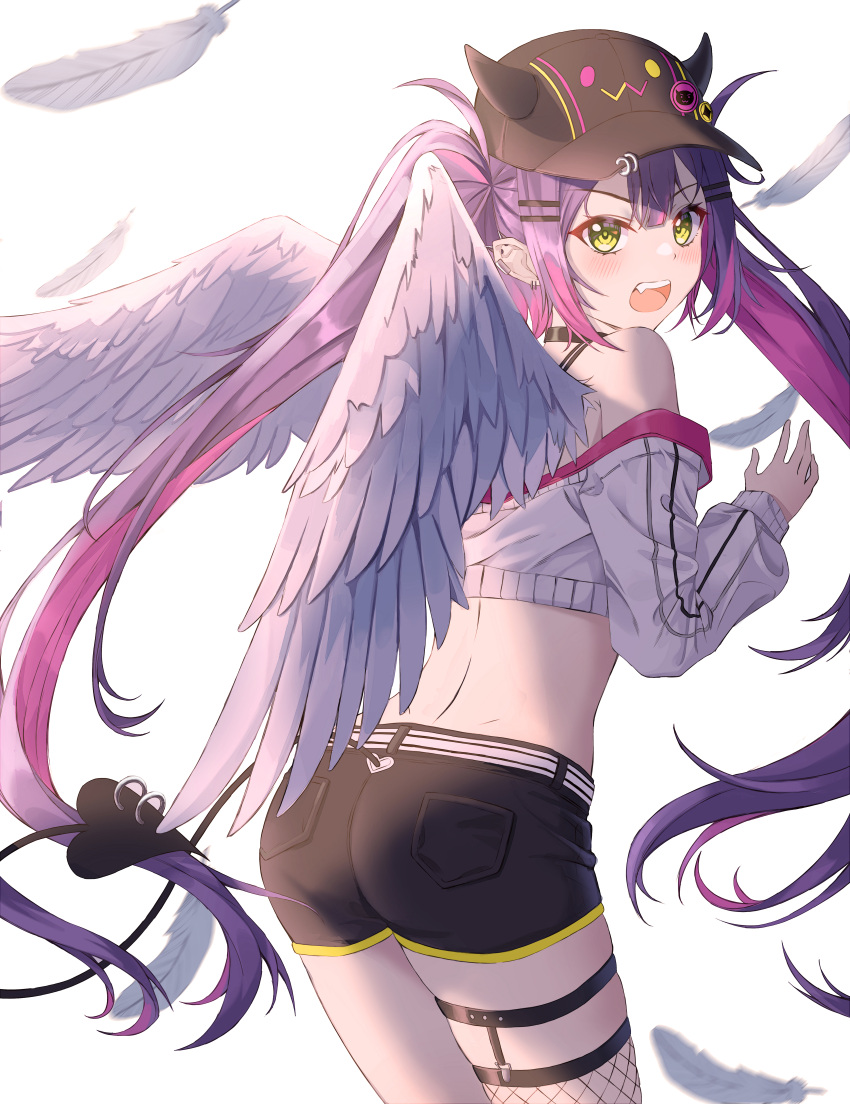 1girl absurdres angel_wings ass bare_shoulders belt bibi_(tokoyami_towa) black_choker black_shorts choker clothing_cutout cowboy_shot crop_top cropped_jacket demon_tail fake_horns fang feathered_wings feathers fishnet_legwear fishnets from_behind green_eyes heart_cutout highres hololive horned_headwear horns jacket long_hair long_sleeves looking_at_viewer looking_back mad_rabbit midriff multicolored_hair off_shoulder open_mouth purple_hair short_shorts shorts single_thighhigh solo spaghetti_strap standing streaked_hair tail tail_through_clothes thigh_strap thighhighs thighs tokoyami_towa twintails very_long_hair virtual_youtuber white_jacket wings