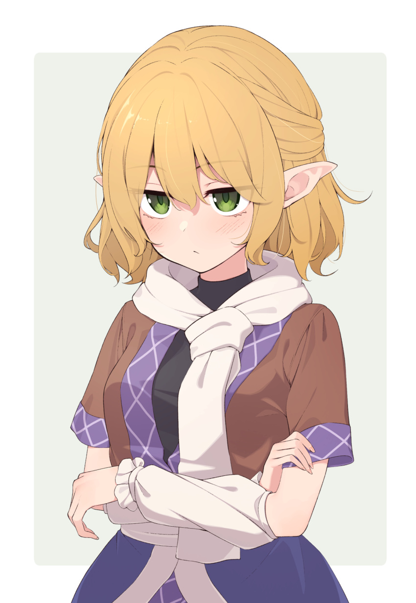 1girl :/ arm_warmers bangs black_bodysuit blonde_hair blue_skirt blush bodysuit border breasts brown_jacket closed_mouth crossed_arms ear_blush ear_wiggle eyelashes green_eyes highres jacket japanese_clothes kanpa_(campagne_9) layered_clothing medium_breasts mizuhashi_parsee pointy_ears sash scarf short_hair skirt solo standing touhou white_border white_sash white_scarf