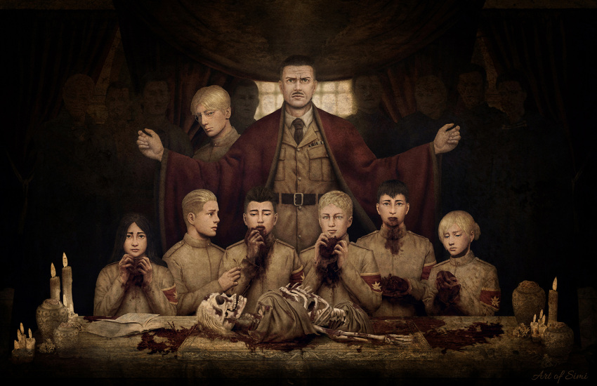 2girls 6+boys annie_leonhardt bertolt_hoover black_hair blonde_hair blood blood_from_mouth brown_theme child english_commentary guro highres marcel_galliard marley_military_uniform multiple_boys multiple_girls pieck_finger porco_galliard realistic reiner_braun ribs shingeki_no_kyojin simi_braun skeleton skull symbolism theo_magath wrinkled_skin younger zeke_yeager