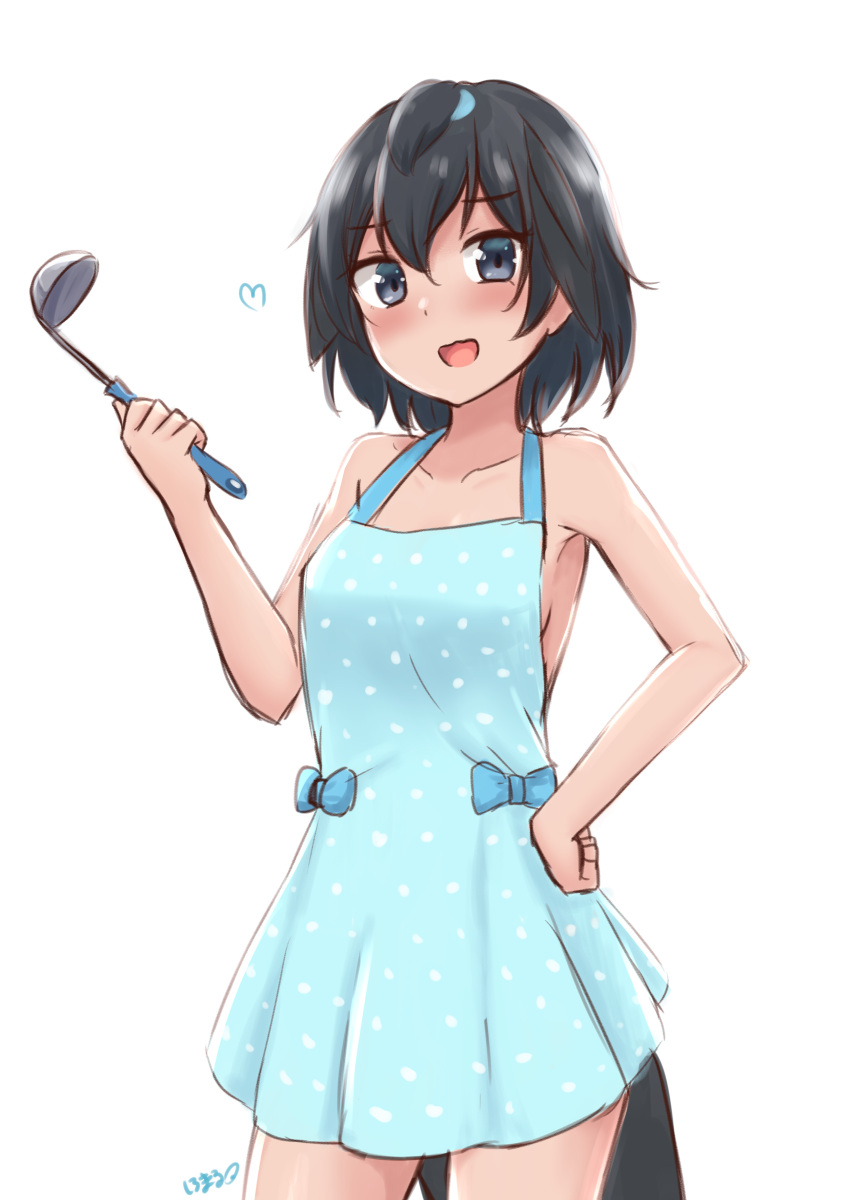 1girl :d absurdres apron bangs bare_arms bare_shoulders black_eyes black_hair blue_apron breasts collarbone commentary cowboy_shot eyebrows_visible_through_hair hair_between_eyes hand_on_hip heart highres kemono_friends ladle looking_at_viewer medium_breasts naked_apron open_mouth polka_dot polka_dot_apron shiraha_maru short_hair simple_background smile solo superb_bird-of-paradise_(kemono_friends) tail white_background