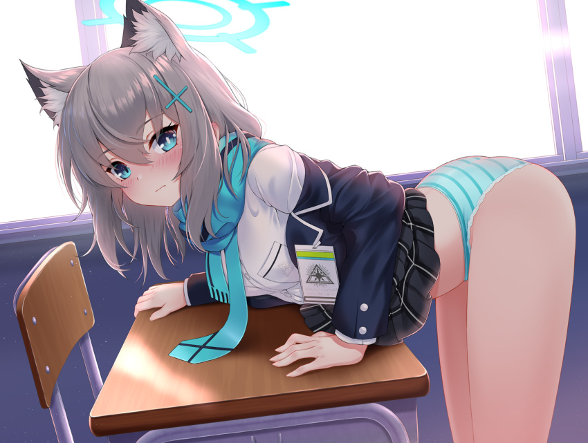 1girl animal_ear_fluff animal_ears ass bangs bent_over black_jacket black_skirt blue_archive blue_eyes blue_neckwear blue_panties blush breasts brown_hair classroom closed_mouth eyebrows_visible_through_hair hair_between_eyes hair_ornament hairclip hajika indoors jacket long_sleeves looking_at_viewer miniskirt necktie open_clothes open_jacket panties parted_lips pleated_skirt reward_available shiroko_(blue_archive) shirt skirt solo striped striped_panties thighs underwear white_shirt window
