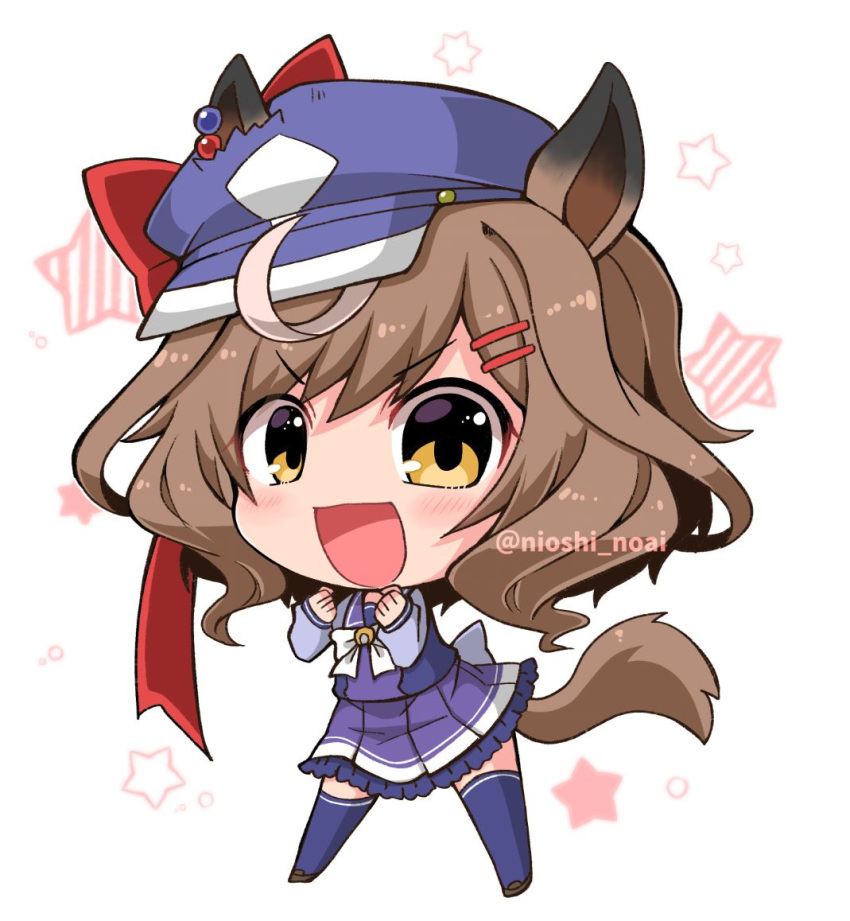 1girl :d animal_ears blue_headwear blush brown_eyes brown_footwear brown_hair cabbie_hat chibi clenched_hands commentary_request ears_through_headwear hair_ornament hairclip hat horse_ears horse_girl horse_tail loafers long_sleeves looking_at_viewer matikane_tannhauser_(umamusume) multicolored_hair noai_nioshi pleated_skirt puffy_long_sleeves puffy_sleeves purple_legwear purple_shirt purple_skirt shirt shoes simple_background skirt sleeves_past_wrists smile solo standing starry_background streaked_hair tail thighhighs twitter_username umamusume white_background white_hair