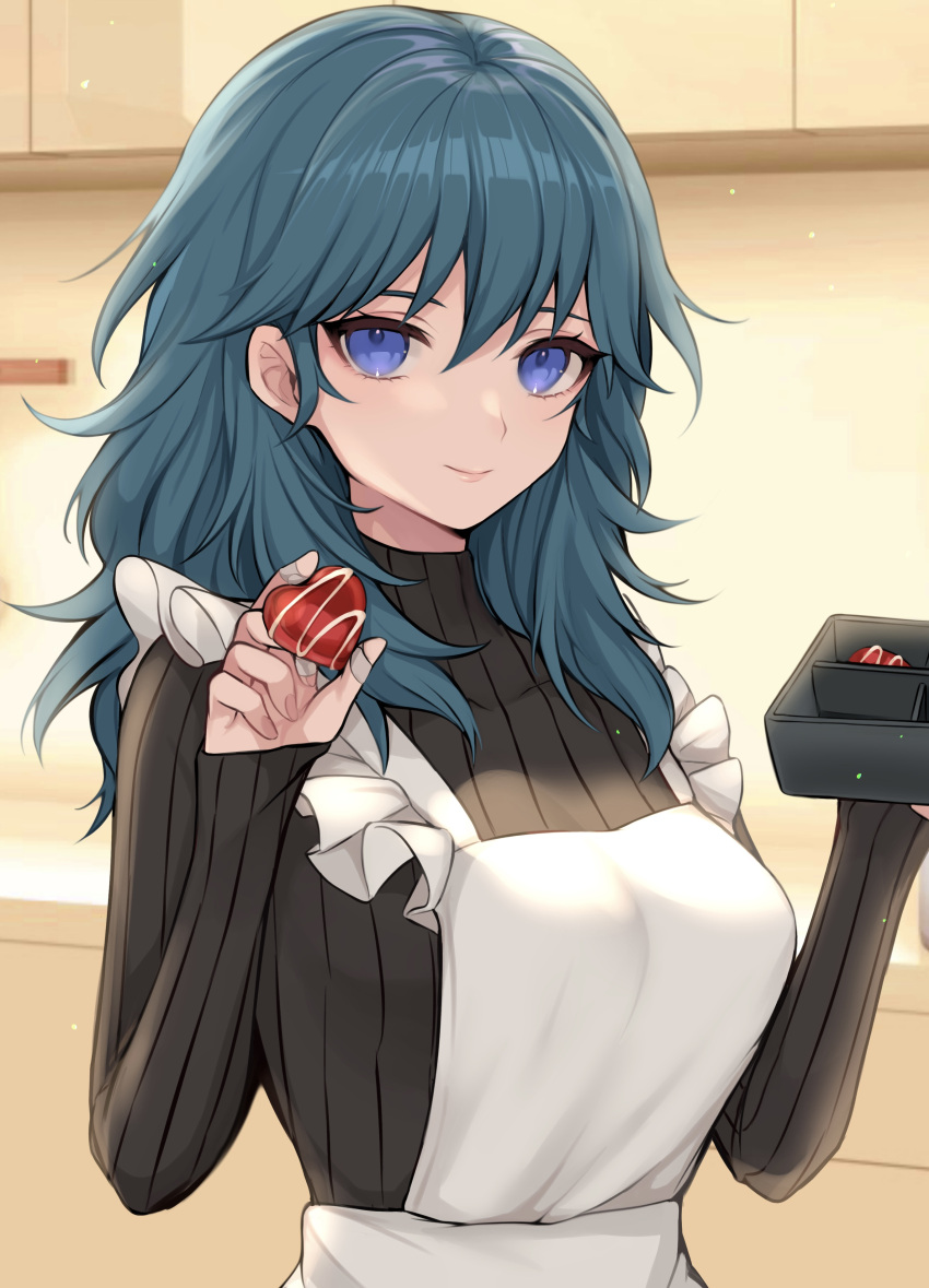1girl absurdres alternate_costume apron bangs banned_artist black_sweater blue_eyes blue_hair breasts byleth_(fire_emblem) byleth_(fire_emblem)_(female) commentary_request fire_emblem fire_emblem:_three_houses food hair_between_eyes hands_up highres holding holding_food indoors large_breasts long_hair long_sleeves looking_at_viewer ribbed_sweater shimizu_akina smile solo sweater upper_body white_apron
