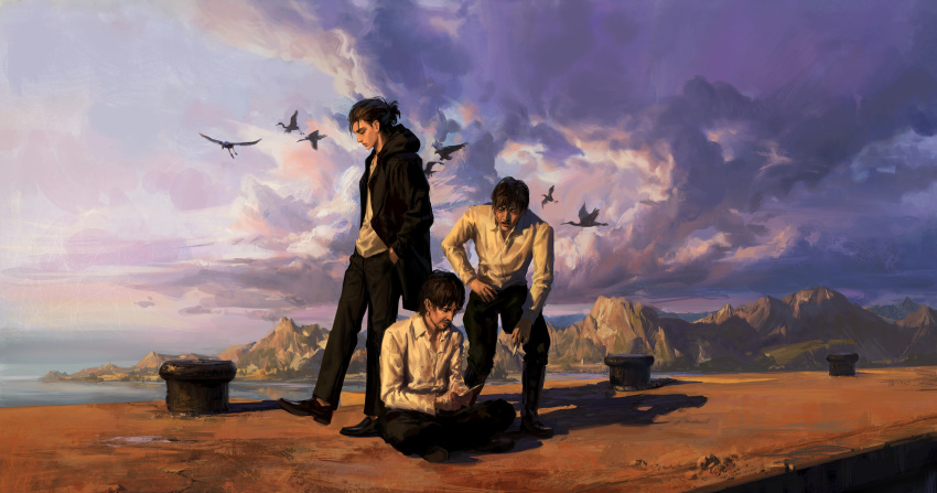 3boys bandages bird black_pants cloud coat collared_shirt envie_p1 eren_kruger eren_yeager facial_hair grisha_yeager highres hooded_coat male_focus mountain multiple_boys open_clothes open_coat painterly pants scene_reference shadow shingeki_no_kyojin shirt sitting spoilers standing stubble sunlight walking water