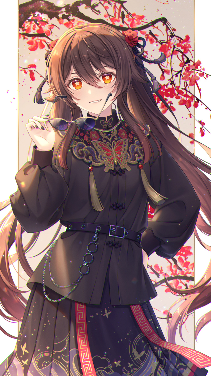 1girl absurdres akatsuki_(4941086) bangs belt brown_hair buckle chinese_clothes cowboy_shot eyebrows_visible_through_hair flower-shaped_pupils genshin_impact glasses hair_between_eyes hand_on_hip hand_up highres holding holding_eyewear hu_tao_(genshin_impact) long_hair looking_at_viewer orange_eyes parted_lips puffy_sleeves shirt skirt smile solo symbol-shaped_pupils