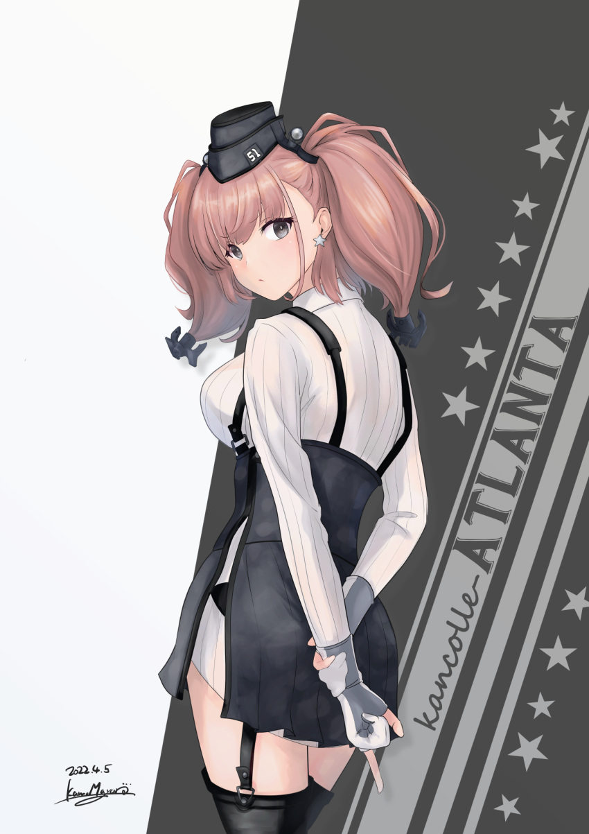 1girl anchor_hair_ornament atlanta_(kancolle) black_headwear black_skirt breasts brown_hair character_name copyright_name cowboy_shot dress_shirt earrings garrison_cap garter_straps gloves grey_eyes hair_ornament hat high-waist_skirt highres jewelry kamo_mayor kantai_collection large_breasts long_hair long_sleeves looking_at_viewer looking_back partially_fingerless_gloves shirt single_earring skirt solo standing star_(symbol) star_earrings suspender_skirt suspenders thigh_strap two_side_up white_gloves white_shirt