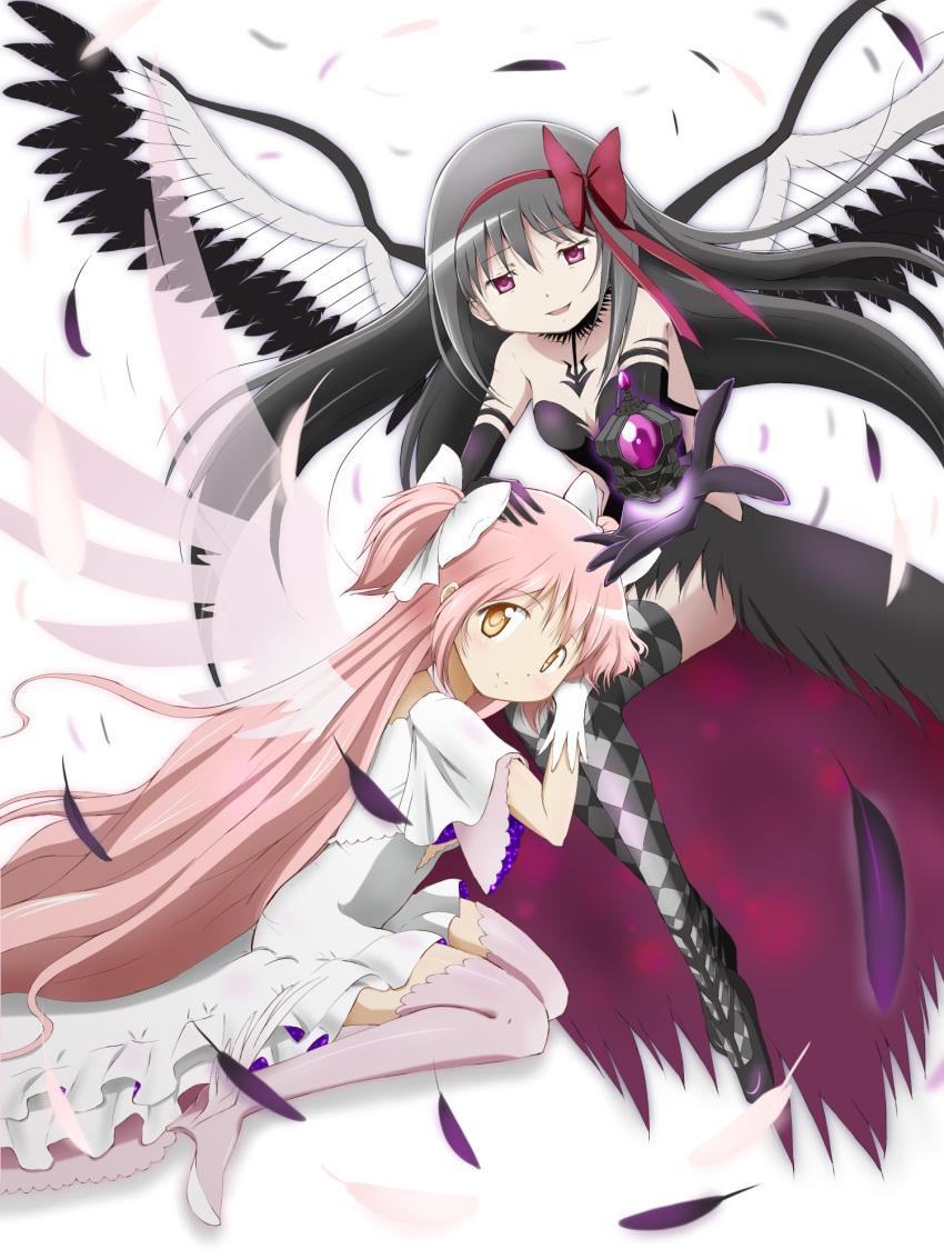2girls akuma_homura argyle argyle_legwear bare_shoulders black_hair choker cleavage_cutout clothing_cutout dark_orb_(madoka_magica) feathered_wings gloves hand_on_another's_head highres kaname_madoka kinfuji kneeling long_hair looking_at_viewer mahou_shoujo_madoka_magica mahou_shoujo_madoka_magica_movie multiple_girls official_style open_mouth pink_hair pink_legwear purple_eyes simple_background space star_(sky) thighhighs transparent_wings ultimate_madoka very_long_hair white_background white_gloves wings yellow_eyes