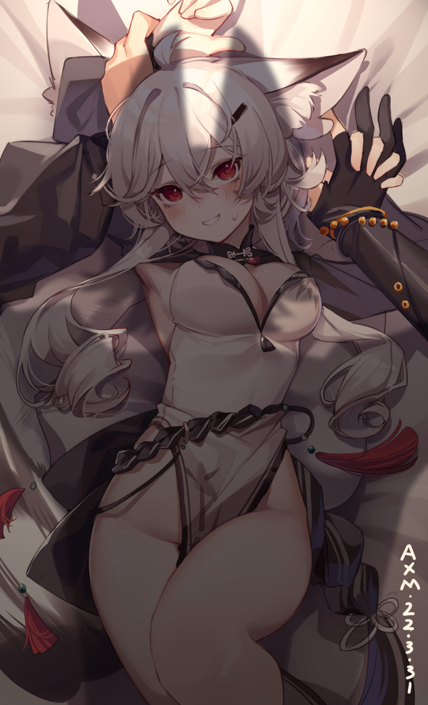 1girl 1other absurdres ahoge ai_xiao_meng animal_ear_fluff animal_ears armpits arms_up bangs bare_legs bed_sheet black_gloves blush breasts cleavage dress eyebrows_visible_through_hair fox_ears gloves grin hair_between_eyes hair_ornament hairclip highres knee_up long_hair looking_at_viewer lying medium_breasts no_panties on_back on_bed original pelvic_curtain pillow red_eyes side_slit sleeveless sleeveless_dress smile solo sweatdrop thighs very_long_hair white_dress white_hair