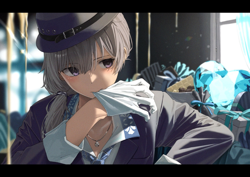 1girl bangs biting blue_headwear blue_jacket blue_necktie box collared_shirt eyebrows_visible_through_hair gift gift_box glove_biting gloves hair_between_eyes hair_over_shoulder hand_up hat heart idolmaster idolmaster_shiny_colors indoors jacket long_hair necktie noeru purple_eyes shirt sideways_glance silver_hair solo upper_body white_gloves white_shirt yuukoku_kiriko