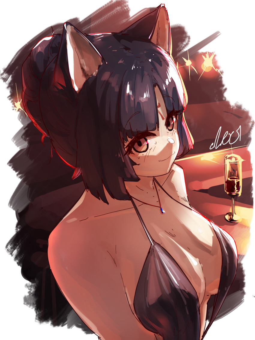 absurdres alcohol animal_ear_fluff animal_ears arknights bangs bar bare_shoulders black_dress black_hair breasts champagne champagne_flute cleavage cocktail_dress commentary crr001 cup dog_ears dress drinking_glass english_commentary eyebrows eyebrows_visible_through_hair facial_mark forehead forehead_mark hair_bun head_tilt highres indoors jewelry light long_hair looking_at_viewer medium_breasts pendant saga_(arknights) sidelocks smile standing yellow_eyes