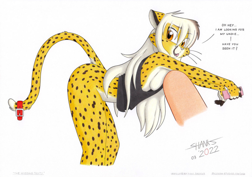 anthro bottomless breasts butt cellphone cheetah clothed clothing collar felid feline felis female hair long_hair mammal no_underwear nude phone raised_tail shirt smartphone solo tank_top tirashanks_(artist) toony topwear vanilla_(tirashanks)