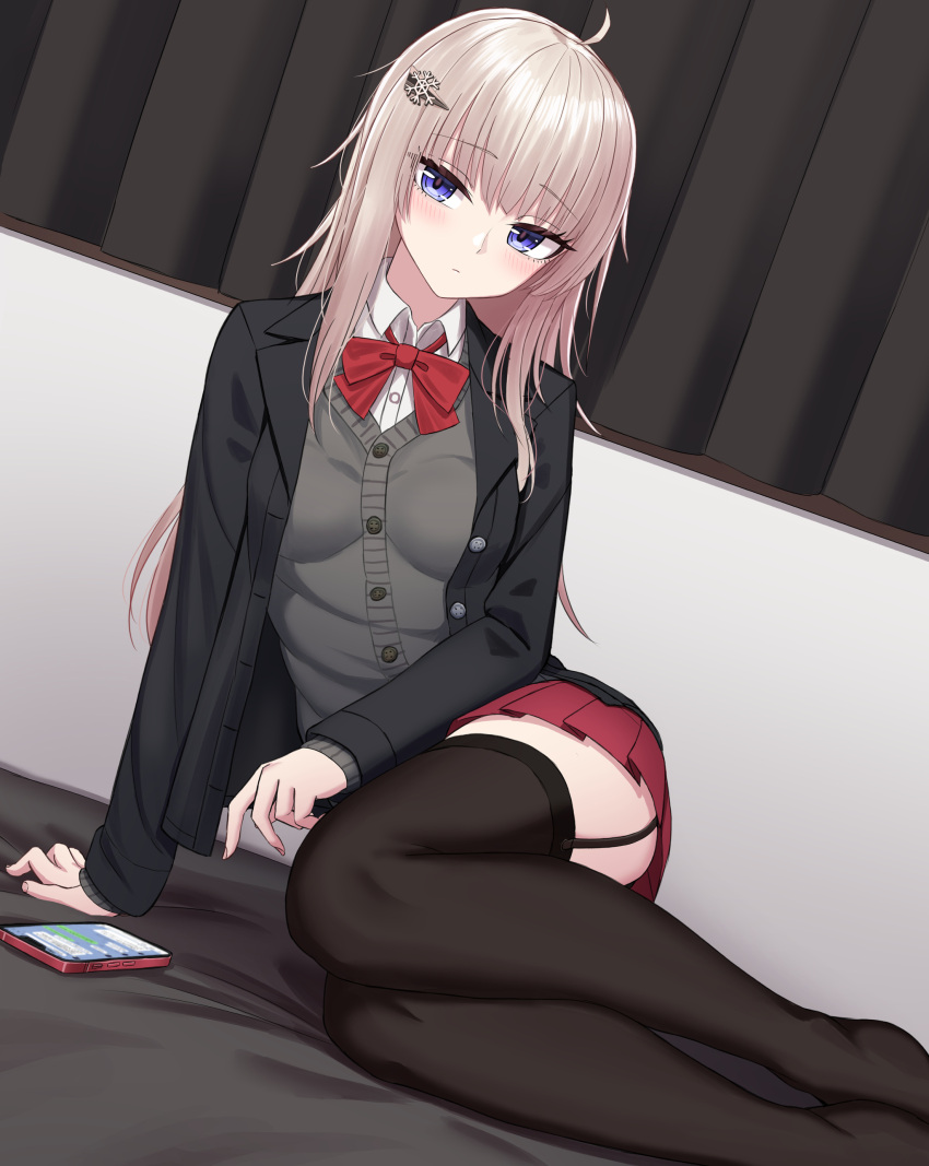 1girl absurdres ahoge ak74m_(girls'_frontline) arm_support black_jacket black_legwear blazer blush bow bowtie breasts buttons cardigan cellphone closed_mouth collared_shirt commentary eyebrows_visible_through_hair garter_straps girls'_frontline hair_ornament highres indoors jacket long_hair long_sleeves looking_at_viewer open_clothes open_jacket phone pleated_skirt red_bow red_bowtie red_skirt school_uniform shirt silver_hair skirt smartphone snowflake_hair_ornament solo thighhighs yakob_labo