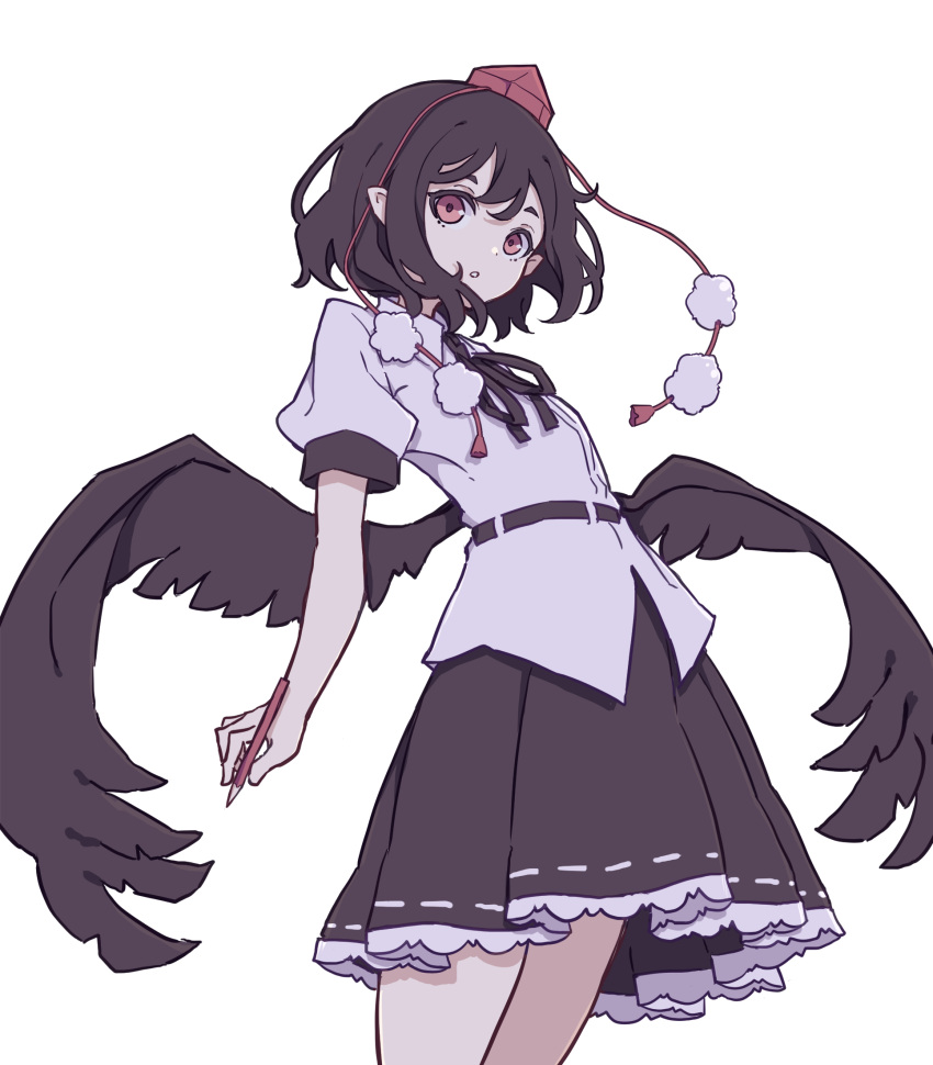 1girl bird_wings black_hair black_ribbon black_skirt black_wings collared_shirt eyebrows_behind_hair frilled_skirt frills hat highres kame_(kamepan44231) pointy_ears pom_pom_(clothes) puffy_sleeves red_eyes ribbon shameimaru_aya shirt short_hair short_sleeves simple_background skirt solo tengu tokin_hat touhou white_background white_shirt wings