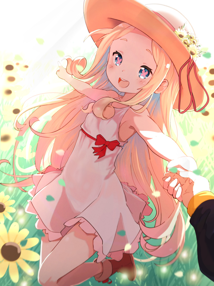 1girl absurdres beatrice_(re:zero) blonde_hair blue_eyes boots bug butterfly dress flower flower_hat grass hat highres holding_hands leg_up long_hair looking_at_viewer natsuki_subaru open_mouth pale_skin pointing re:zero_kara_hajimeru_isekai_seikatsu ribbon smile sun_hat sundress sunflower symbol-shaped_pupils white_dress zerobarto