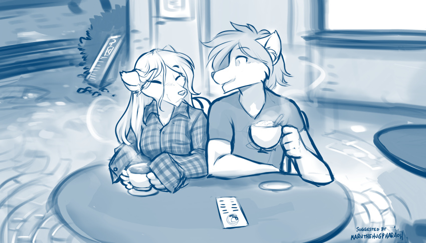 2022 7:4 anthro beverage blue_and_white canid canine canis clothed clothing coffee conditional_dnp container cup duo eyes_closed female furniture hi_res holding_cup holding_object keidran male mammal monochrome outside raine_silverlock sitting sketch smile steam table terrace tom_fischbach twokinds webcomic wolf zen_(twokinds)