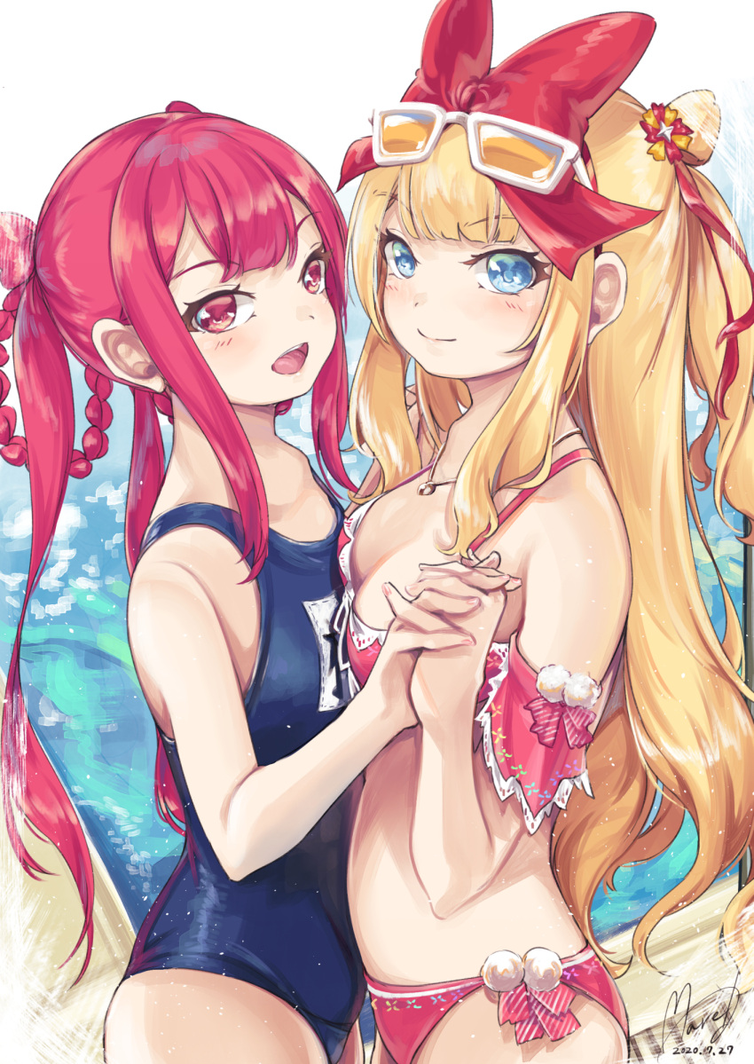 2girls :d bikini blonde_hair blue_eyes blush bow breasts cleavage copyright_request flat_chest hair_bow highres holding_hands long_hair looking_at_viewer maremay0513 multiple_girls name_tag one-piece_swimsuit open_mouth pink_eyes pink_hair red_bikini school_swimsuit sidelocks small_breasts smile swimsuit yuri