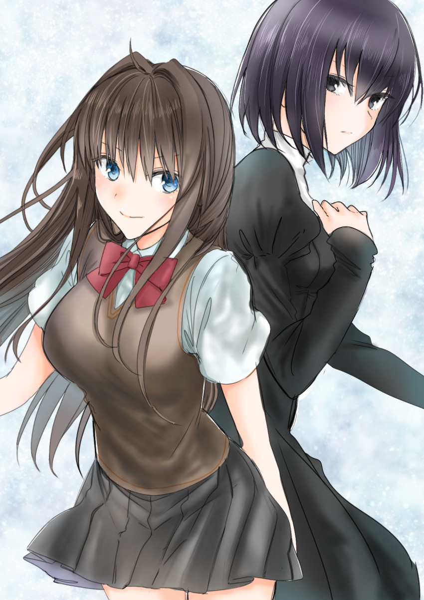 10131310 2girls aozaki_aoko bangs black_dress black_eyes black_hair black_skirt blue_eyes bow bowtie breasts brown_hair brown_vest closed_mouth commentary_request dress hair_between_eyes hair_intakes highres juliet_sleeves kuonji_alice large_breasts long_hair long_sleeves looking_at_viewer mahou_tsukai_no_yoru miniskirt multiple_girls pleated_skirt puffy_sleeves red_bow school_uniform shirt short_hair short_sleeves skirt smile uniform vest white_background white_shirt