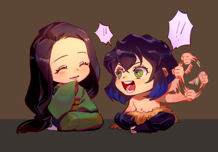 1boy 1girl :d ^_^ absurdres afterimage bangs black_hair blue_hair bridal_legwear brown_background closed_eyes forehead green_eyes green_kimono hand_up happy hashibira_inosuke hashibira_kotoha highres indian_style japanese_clothes kimetsu_no_yaiba kimono laughing long_hair long_sleeves low-tied_long_hair mother_and_son multicolored_hair navel no_shoes open_mouth outstretched_arm pants pelt seiza short_hair sitting sleeves_past_fingers sleeves_past_wrists smile speech_bubble spinning tabi talking taro-k topless_male two-tone_hair very_long_hair white_footwear zouri