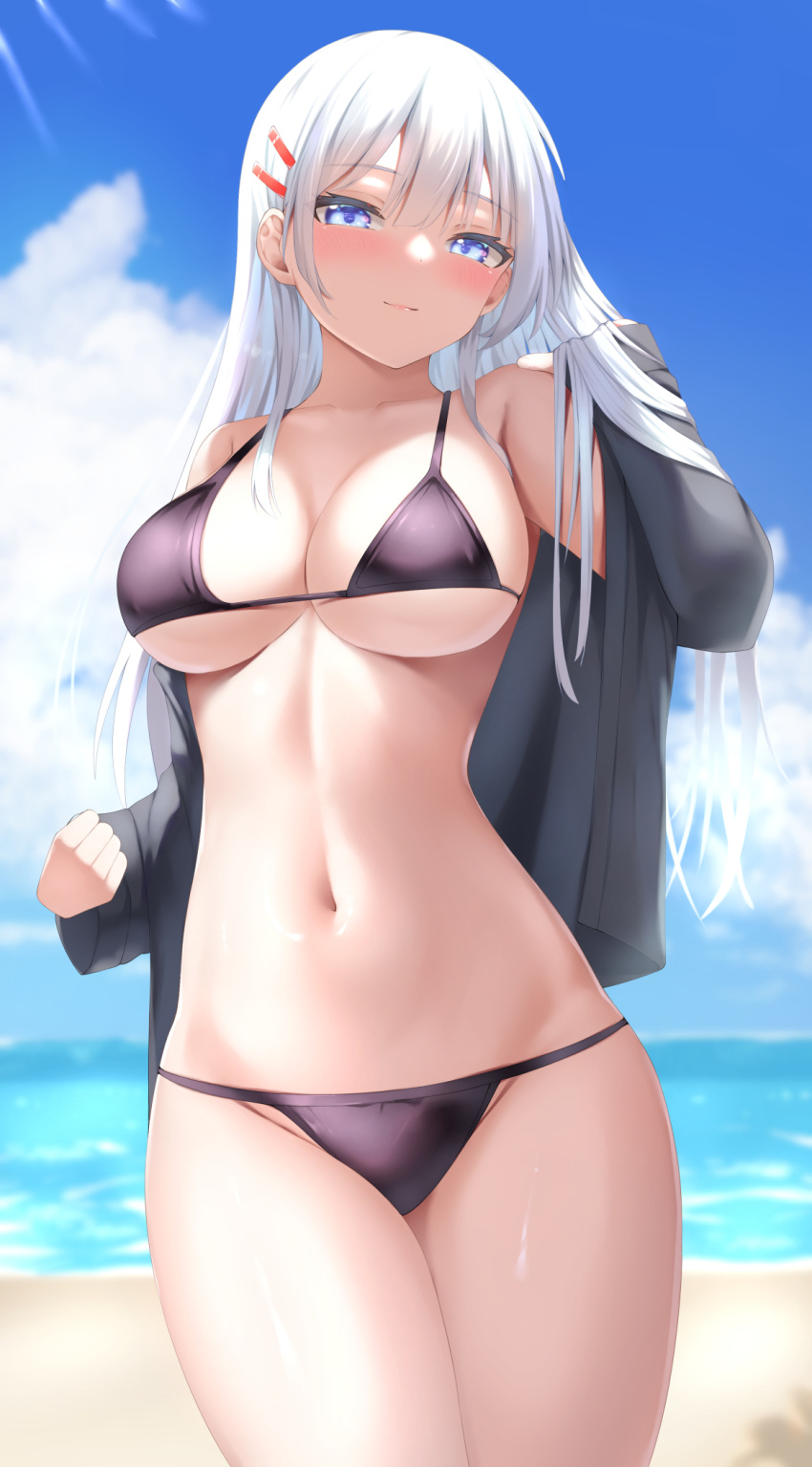 1girl bangs beach bikini black_bikini black_jacket blue_eyes blue_sky blush breasts cleavage closed_mouth cloud collarbone commentary day eyebrows_visible_through_hair hair_between_eyes hair_ornament hairclip hand_in_own_hair hand_up highres jacket large_breasts legs_together long_hair long_sleeves navel ocean off_shoulder open_clothes open_jacket original outdoors reward_available shiny shiny_skin sky solo standing stomach straight_hair sunlight swimsuit tatsumiya_kagari thighs water white_hair