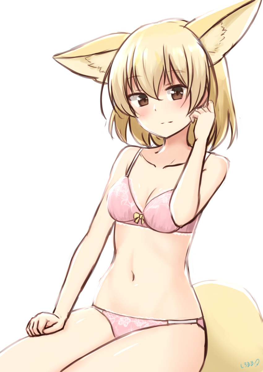 1girl absurdres animal_ear_fluff animal_ears bangs bare_arms bare_shoulders blonde_hair bow bow_bra bra breasts brown_eyes collarbone commentary extra_ears eyebrows_visible_through_hair fennec_(kemono_friends) fox_ears fox_girl fox_tail hair_between_eyes hand_in_own_hair hand_on_own_thigh highres kemono_friends light_blush light_smile looking_at_viewer medium_breasts medium_hair navel panties pink_bra pink_panties shiraha_maru simple_background solo split_mouth stomach tail underwear underwear_only white_background