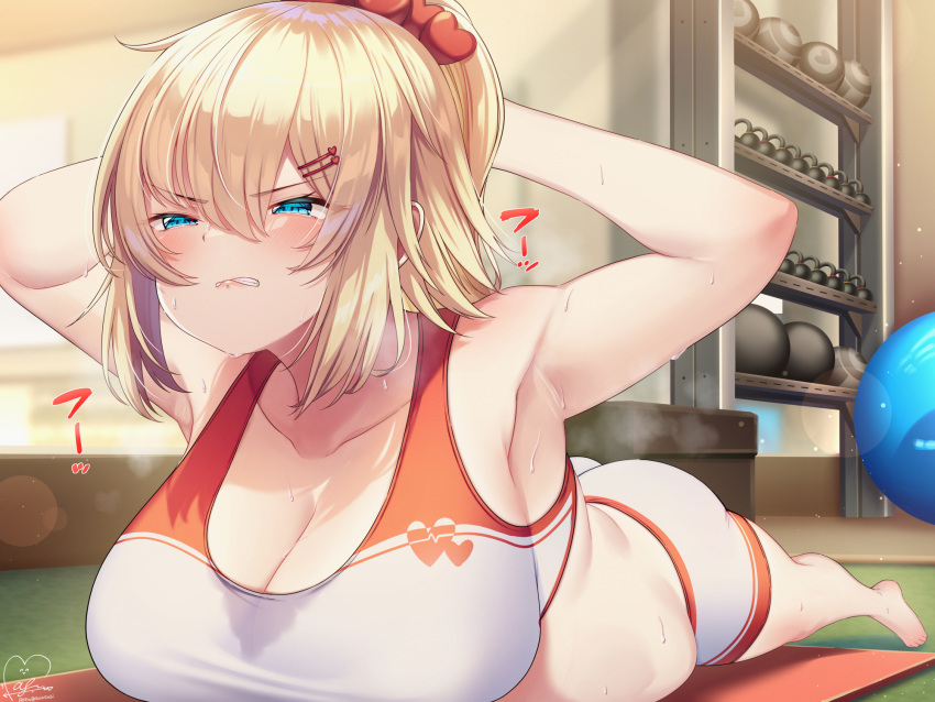 1girl akai_haato armpits arms_behind_head arms_up ball bangs bare_arms bare_legs barefoot belly blonde_hair blue_eyes breasts cleavage clenched_teeth exercise_ball eyebrows_visible_through_hair full_body hair_between_eyes hair_ornament heart heart_hair_ornament highres hololive indoors large_breasts long_hair looking_away lying magowasabi on_stomach signature solo sound_effects sports_bra sweat teeth twitter_username virtual_youtuber white_sports_bra