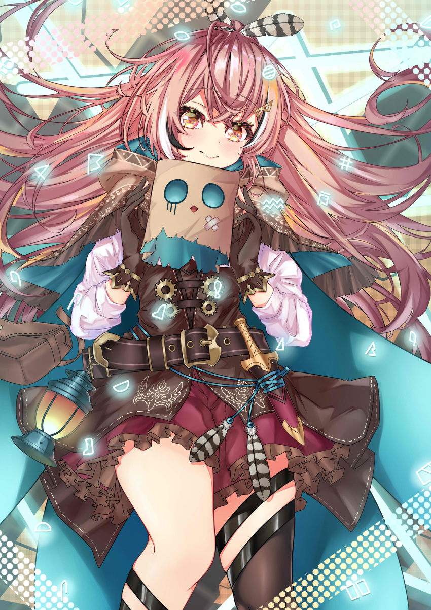1girl absurdres ahoge asymmetrical_legwear belt brown_capelet brown_cloak brown_corset brown_eyes brown_hair capelet cloak corset dagger feather_hair_ornament feathers friend_(nanashi_mumei) gloves hair_ornament hieroglyphics highres hololive hololive_english knee_strap knife lantern long_hair looking_at_viewer lying multicolored_hair nanashi_mumei on_back partially_fingerless_gloves ponytail pouch red_skirt runes single_thighhigh skirt streaked_hair thigh_strap thighhighs very_long_hair virtual_youtuber weapon ye_ye_(jasonbee2)