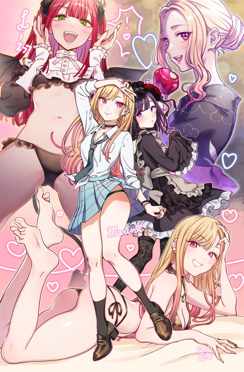 1girl :d :o arm_above_head ass bangs bare_legs barefoot bikini black_choker black_hair black_headwear black_legwear black_necktie black_panties blonde_hair blue_skirt blush bomhat breast_pocket breasts brown_footwear candy_apple character_name choker closed_mouth collarbone collared_shirt commentary cosplay ear_piercing earrings english_commentary eyebrows_visible_through_hair feet_up fingernails food frills full_body garter_straps gothic_lolita gradient_hair green_eyes grin hair_bun hat heart heart_of_string highres horns jewelry kitagawa_marin knees kuroe_shizuku lace lace_legwear large_breasts legs lips lipstick loafers lolita_fashion long_fingernails long_hair looking_at_viewer lying makeup mob_cap multicolored_hair multiple_views navel necktie on_stomach orange_hair panties panty_peek pendant piercing pink_nails plaid plaid_skirt pleated_skirt pocket pointy_ears purple_eyes red_eyes red_hair rizu-kyun shirt shirt_tucked_in shoes short_hair sidelocks signature skirt smile socks sono_bisque_doll_wa_koi_wo_suru standing string_panties swept_bangs swimsuit teeth thighhighs thighs underwear upper_teeth v white_shirt