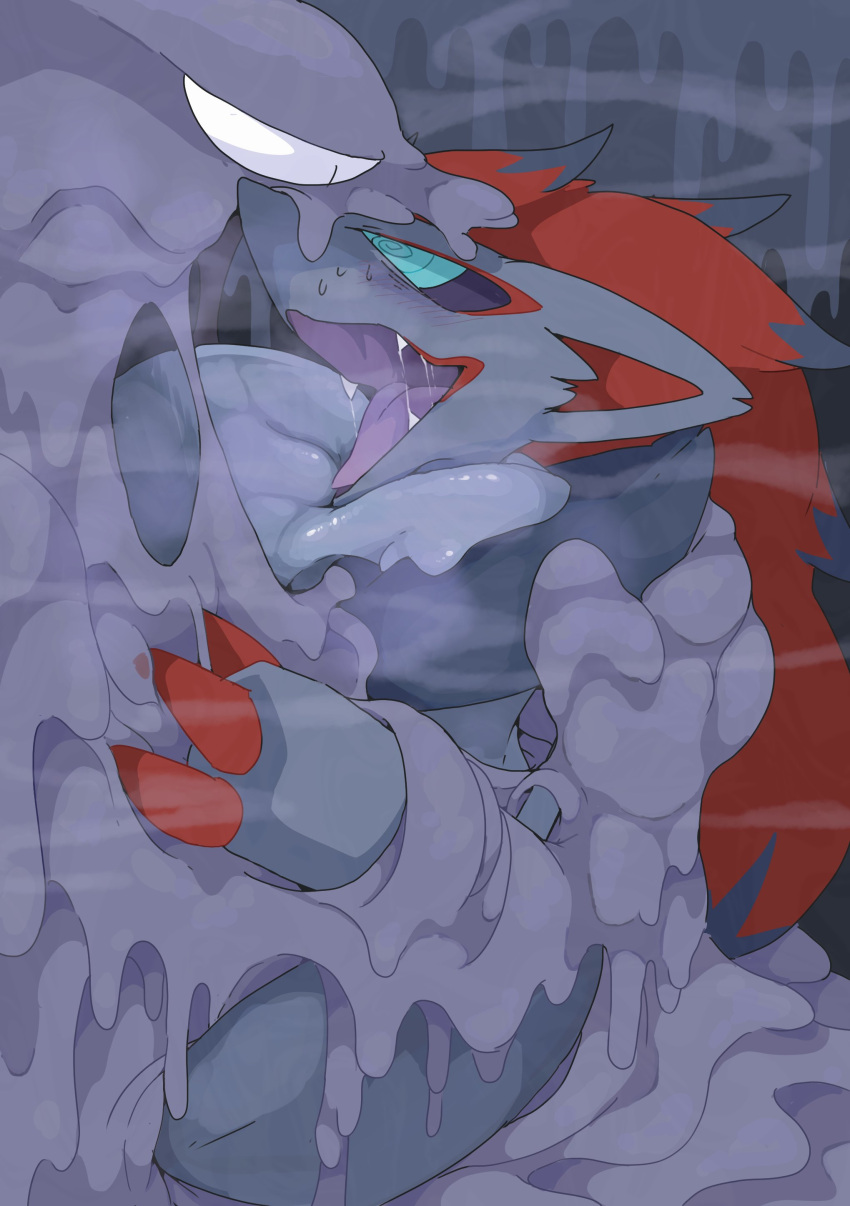 absurd_res ambiguous_gender anthro blue_eyes canid canine duo goo_creature hair hi_res hypnosis mammal mind_control muk nintendo open_mouth poison pok&eacute;mon pok&eacute;mon_(species) red_hair simple_background slime video_games winte zoroark