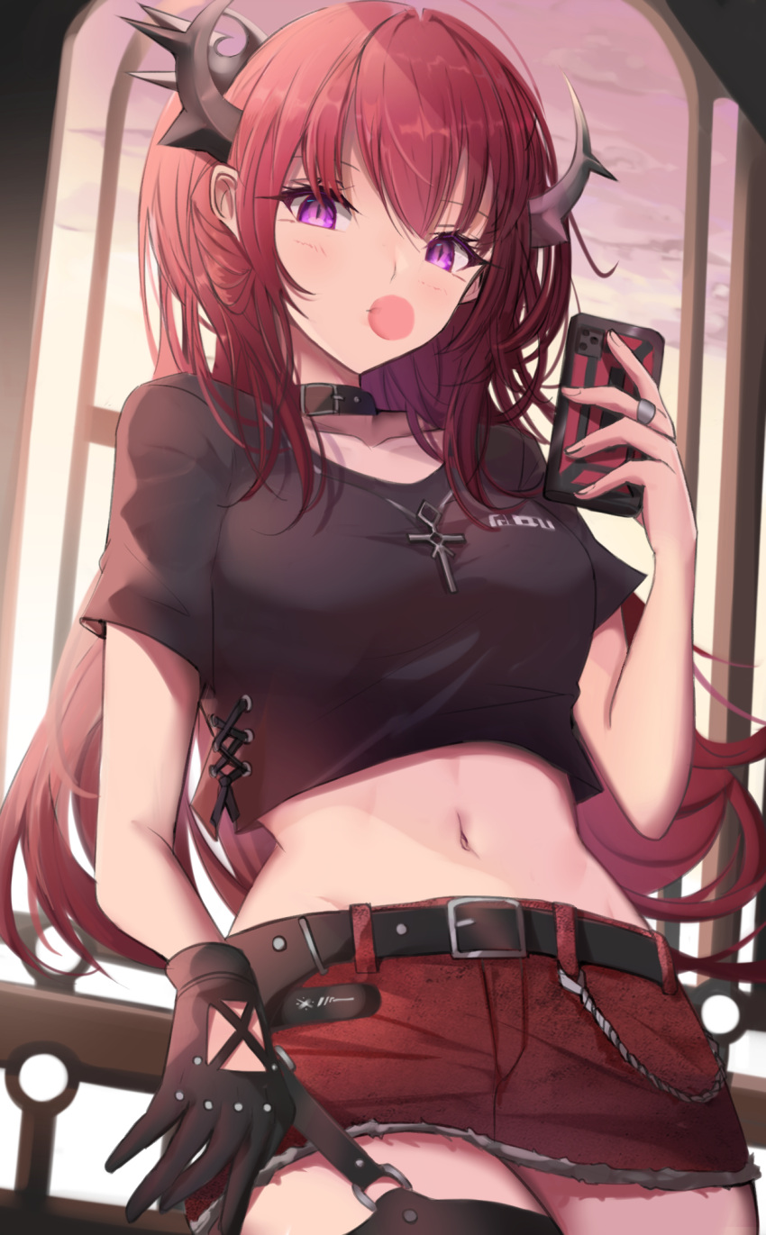 1girl arknights bangs belt black_belt black_choker black_gloves black_shirt blush breasts cellphone choker commentary cowboy_shot crop_top cross cross_necklace gloves hand_up highres holding holding_phone horns jewelry long_hair looking_at_viewer midriff miniskirt navel necklace official_alternate_costume phone purple_eyes red_hair red_skirt revision shirt short_sleeves single_glove skirt small_breasts smartphone solo standing stomach stratoz surtr_(arknights) surtr_(liberte_echec)_(arknights)