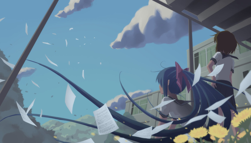 .live 2girls arm_at_side black_hair black_skirt blue_skirt blurry blurry_foreground bow brown_hair building character_request cloud cloudy_sky commentary_request day depth_of_field facing_away flower flying_paper from_behind hair_bow hand_on_hip highres long_hair messy_hair migime_kasane mountain multiple_girls outdoors paper ponytail red_bow sailor_collar school_uniform serafuku sheet_music shirt short_hair sidelocks sitting skirt sky standing virtual_youtuber white_shirt wind window yamato_iori yellow_flower