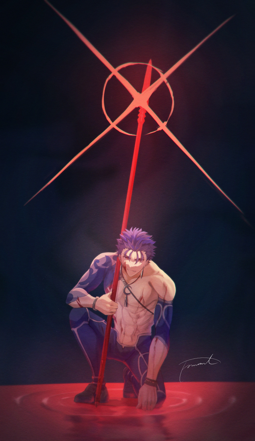 1boy abs absurdres blood blue_pants bracelet chest_strap closed_mouth crescent_necklace cu_chulainn_(fate) cu_chulainn_(fate/stay_night) cu_chulainn_(second_ascension)_(fate) detached_sleeves earrings fate/grand_order fate_(series) gae_bolg_(fate) grin highres holding holding_polearm holding_weapon jewelry kneeling looking_at_viewer male_focus moto_u_toe_say muscular muscular_male pants polearm red_eyes skin_tight smile solo spiked_hair weapon