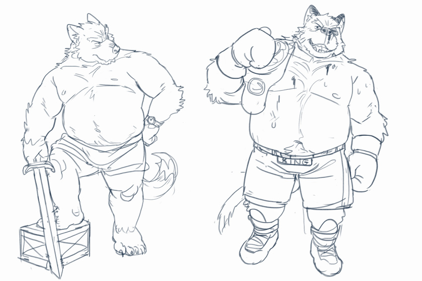 2022 absurd_res anthro belly big_belly bottomwear boxing_gloves canid canine canis clothing domestic_dog handwear hi_res humanoid_hands huynhduyad14 kemono male mammal melee_weapon moobs nipples overweight overweight_male shorts simple_background sword weapon white_background