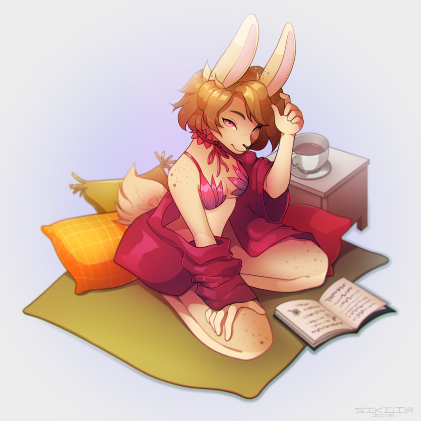 anthro baggy_clothing bedding beverage blanket book bottomless bra breasts cleavage clothed clothing collar comfy cute_expression cute_eyes ears_up female fluffy fluffy_tail freckles hi_res lace lace_bra lagomorph leaf leporid loose_shirt mammal nightgown pillow rabbit reading reading_book relaxing resting ribbons robe sikiliya sitting solo tea topless underwear yulia_(bakedbunny)