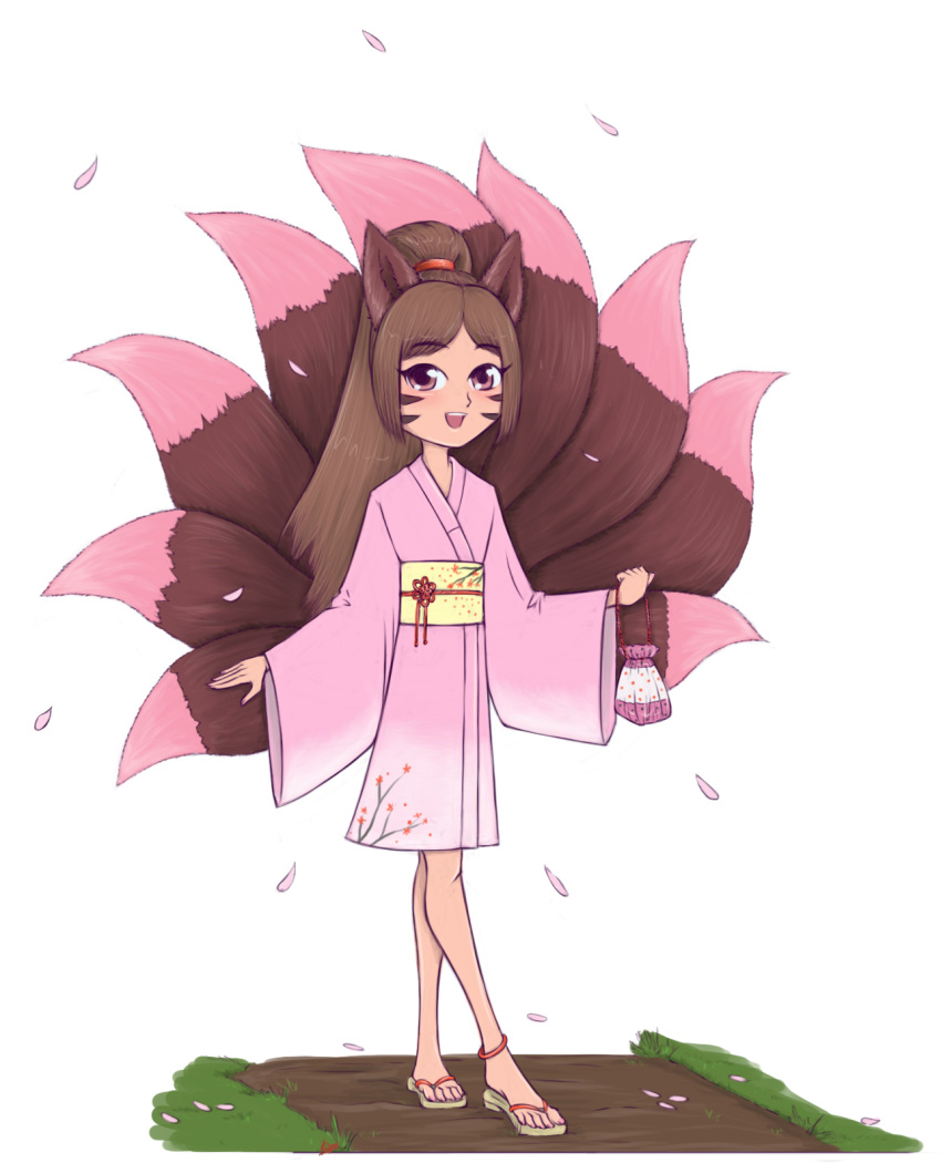 9_tails ahri_izumi ambiguous_gender animal_humanoid anklet asian_clothing blush brown_body brown_fur brown_hair canid canid_humanoid canine canine_humanoid clothed clothing digital_media_(artwork) dirt east_asian_clothing feet female flower_petals footwear fox_humanoid fur furry_ears grass hair hi_res humanoid japanese_clothing jewelry kimono konani long_hair looking_at_viewer mammal mammal_humanoid multi_tail multicolored_body multicolored_clothing multicolored_fur obi open_mouth path petals pink_body pink_clothing pink_fur plant ponytail pouch_(anatomy) pouch_purse sandals simple_background smile solo toes walking yellow_clothing