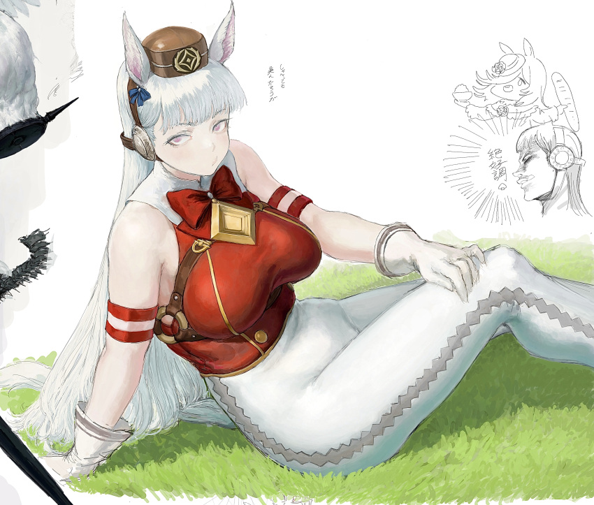 1girl absurdres animal_ears bangs blunt_bangs bow breasts feet_out_of_frame gloves gold_ship_(umamusume) grass grey_hair highres horse_ears horse_girl large_breasts long_hair pants pillbox_hat purple_eyes red_bow red_shirt shadow shirt sleeveless sleeveless_shirt solo tyawantyawan356 umamusume white_gloves white_pants