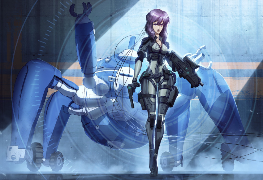 1girl absurdres bodysuit cable colinsearle commentary cyberpunk cyborg english_commentary ghost_in_the_shell gun handgun highres kusanagi_motoko long_hair looking_at_viewer machinery mecha purple_hair robot science_fiction serious submachine_gun suppressor tachikoma walker weapon wheel