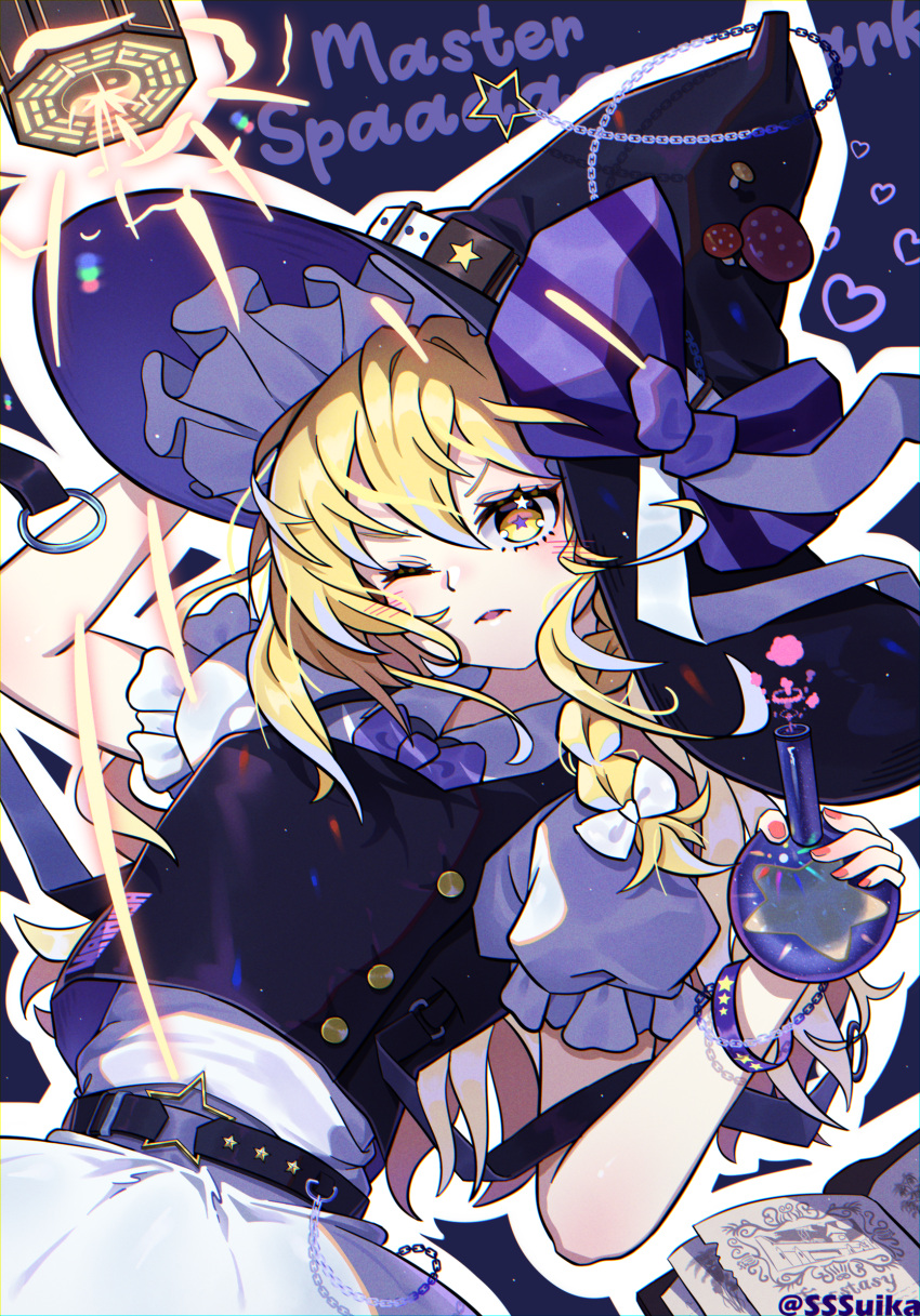 artist_name belt black_belt black_vest blonde_hair book bow bowtie bracelet braid english_text hair_bow hat highres holding jewelry kirisame_marisa mini-hakkero potion purple_bow purple_bowtie purple_ribbon ribbon shirt short_sleeves sssuika touhou vest white_shirt witch_hat yellow_eyes