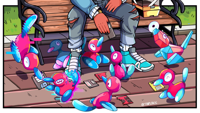 alternate_color artist_name bench border cd dark_skin denim eating feeding floppy_disk glitch grass highres jeans out_of_frame outside_border pants pokemon pokemon_(creature) porygon porygon2 shiny_pokemon shoes sitting sneakers tail taplaos torn_clothes torn_pants wavy_eyes white_border