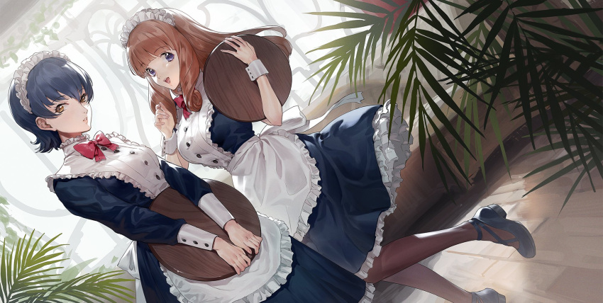 2girls :d apron bangs blue_dress blue_footwear blue_hair blunt_bangs breasts brown_hair brown_legwear ci_caprice couch curly_hair dress dutch_angle ekao flipped_hair hands_up highres holding holding_tray indoors ironwork long_hair long_sleeves looking_at_viewer maid maid_apron maid_headdress mell_raison multiple_girls open_mouth palm_leaf pantyhose parted_lips purple_eyes sakura_taisen shoes short_hair short_sleeves smile standing tray v_arms white_apron wrist_cuffs yellow_eyes