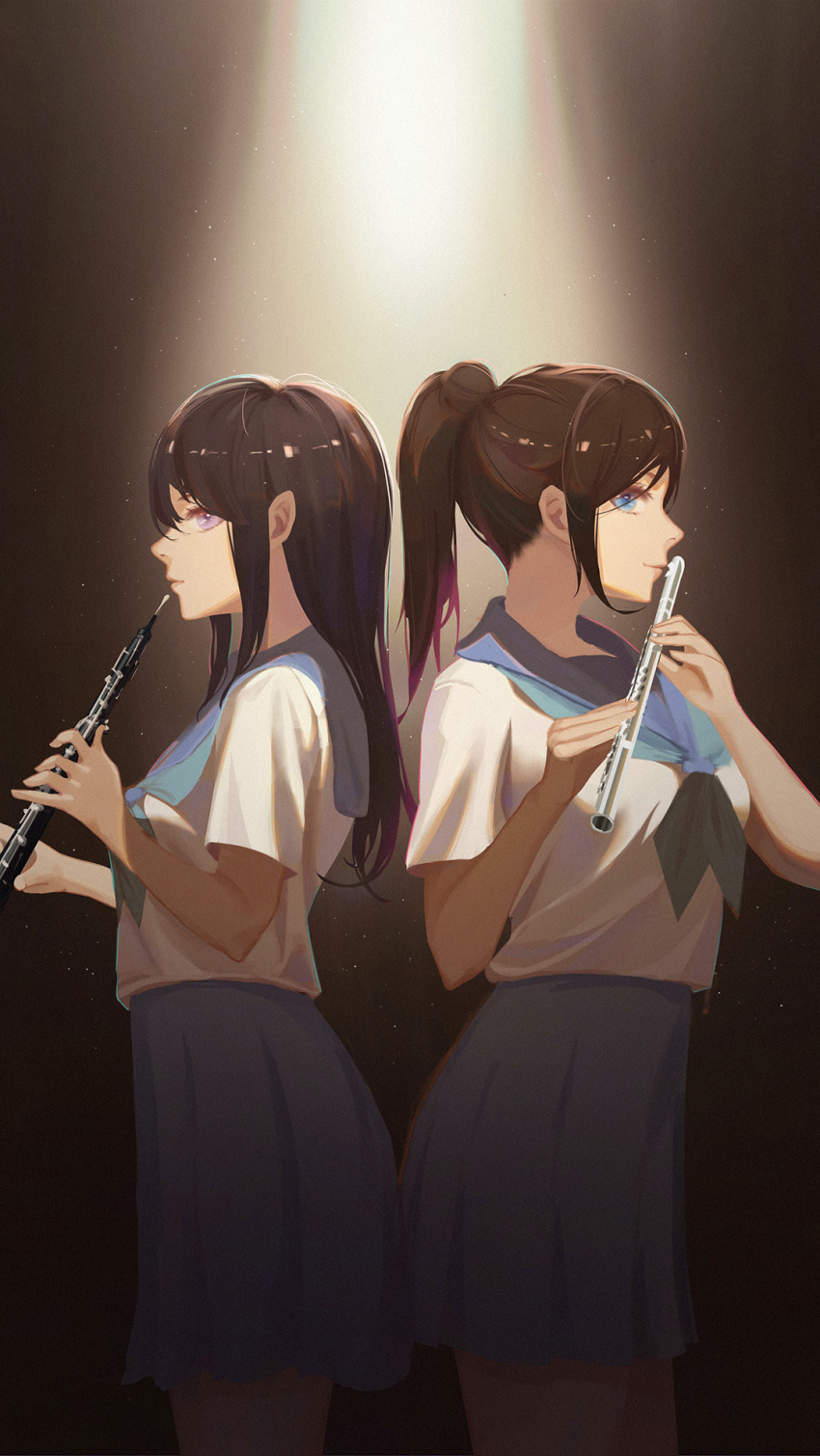 2girls bangs blue_eyes blue_skirt breasts brown_hair closed_mouth eyebrows_visible_through_hair hibike!_euphonium highres holding holding_instrument instrument j_fang kasaki_nozomi kyoto_animation lips liz_to_aoi_tori long_hair looking_to_the_side multiple_girls ponytail purple_eyes school_uniform serafuku shirt simple_background skirt standing white_shirt yoroizuka_mizore yuri