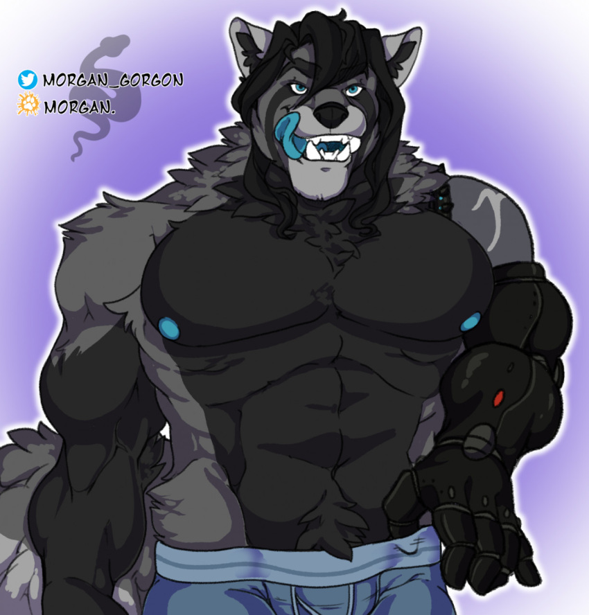 2021 ailurid anthro areola bedroom_eyes black_body black_fur black_hair black_markings black_nose blue_areola blue_eyes body_hair boxers_(clothing) bulge clothed clothing digital_media_(artwork) fangs fur grey_body grey_fur hair happy_trail hi_res inner_ear_fluff looking_at_viewer male mammal markings morgan_gorgon multicolored_body muscular muscular_anthro muscular_male narrowed_eyes neck_tuft open_mouth open_smile partially_clothed pecs pubes red_panda robotic_arm seductive shaded sharp_teeth smile solo standing teeth tongue tongue_out topless tuft underwear