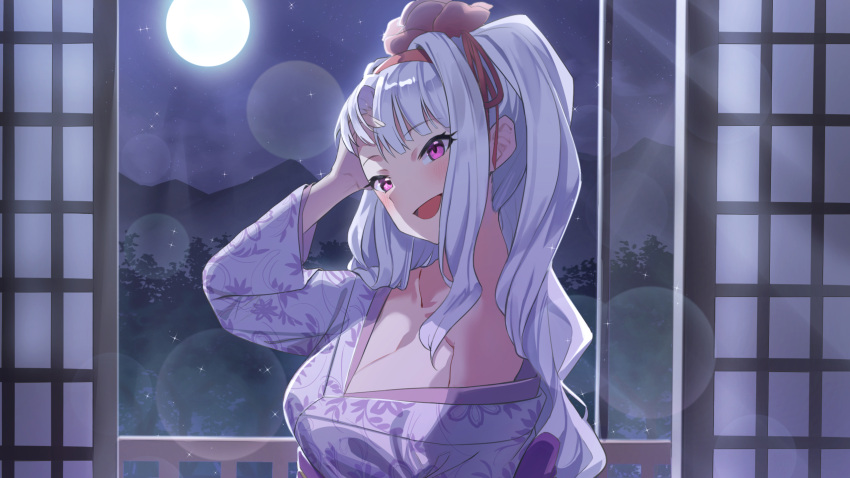 1girl :d applepie_(12711019) blush breasts cleavage commentary_request flower full_moon hair_flower hair_ornament hairband highres idolmaster idolmaster_(classic) japanese_clothes kimono large_breasts lens_flare long_hair looking_at_viewer moon night night_sky print_kimono purple_eyes red_hairband shijou_takane silver_hair sky smile solo upper_body