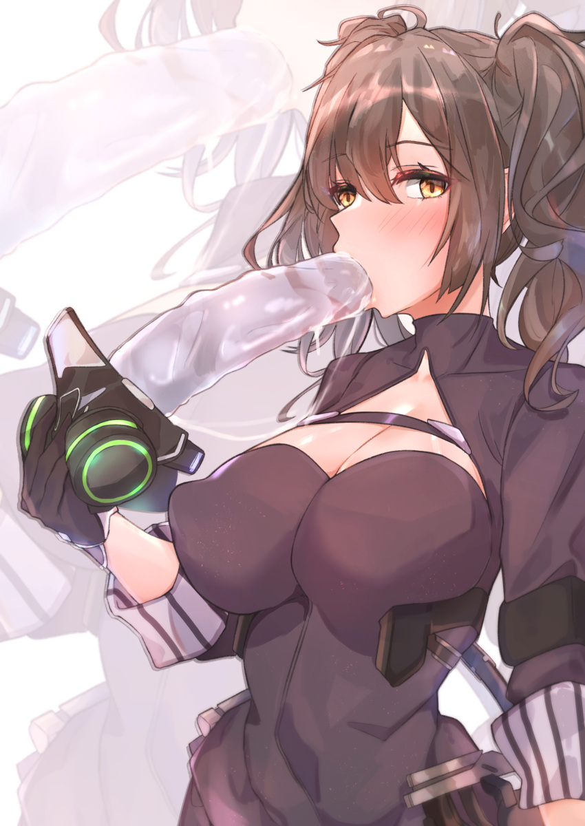 1girl absurdres bangs black_dress black_gloves blush breasts brown_hair cleavage commentary dildo dildo_under_mask dress eyebrows_visible_through_hair gas_mask girls'_frontline gloves highres holding holding_mask large_breasts long_hair looking_at_viewer mask mouth_hold muteppona_hito orange_eyes sangvis_ferri scarecrow_(girls'_frontline) sex_toy solo standing twintails upper_body