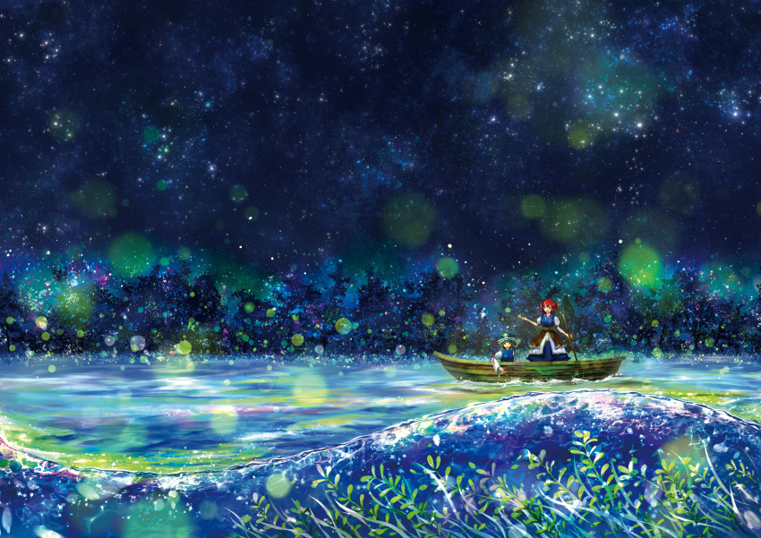 2girls :d absurdres blue_dress blue_headwear blue_vest boat commentary dress fireflies green_eyes green_hair hair_between_eyes hair_bobbles hair_ornament hat highres holding holding_paddle kelp long_sleeves multiple_girls night night_sky onozuka_komachi open_mouth outdoors paddle puffy_short_sleeves puffy_sleeves red_hair red_ribbon ribbon shiki_eiki short_sleeves short_twintails sky smile star_(sky) starry_sky tocchi touhou tree twintails vest water watercraft white_sleeves wide_sleeves