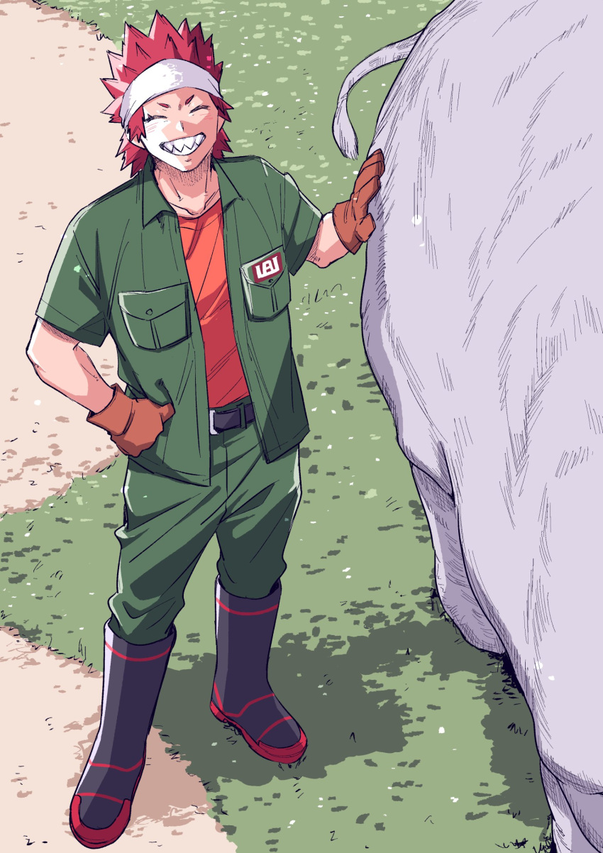 1boy 310_mha ^_^ belt boku_no_hero_academia boots breast_pocket clenched_hand closed_eyes contrapposto facing_viewer from_above full_body gloves grass green_pants green_shirt grin hand_on_animal hand_on_hip headband highres kirishima_eijirou male_focus open_clothes open_shirt pants pants_tucked_in pocket red_eyes red_hair red_shirt rhinoceros rubber_boots sharp_teeth shirt short_hair short_sleeves smile solo spiked_hair teeth v-shaped_eyebrows yuei_school_logo zookeeper